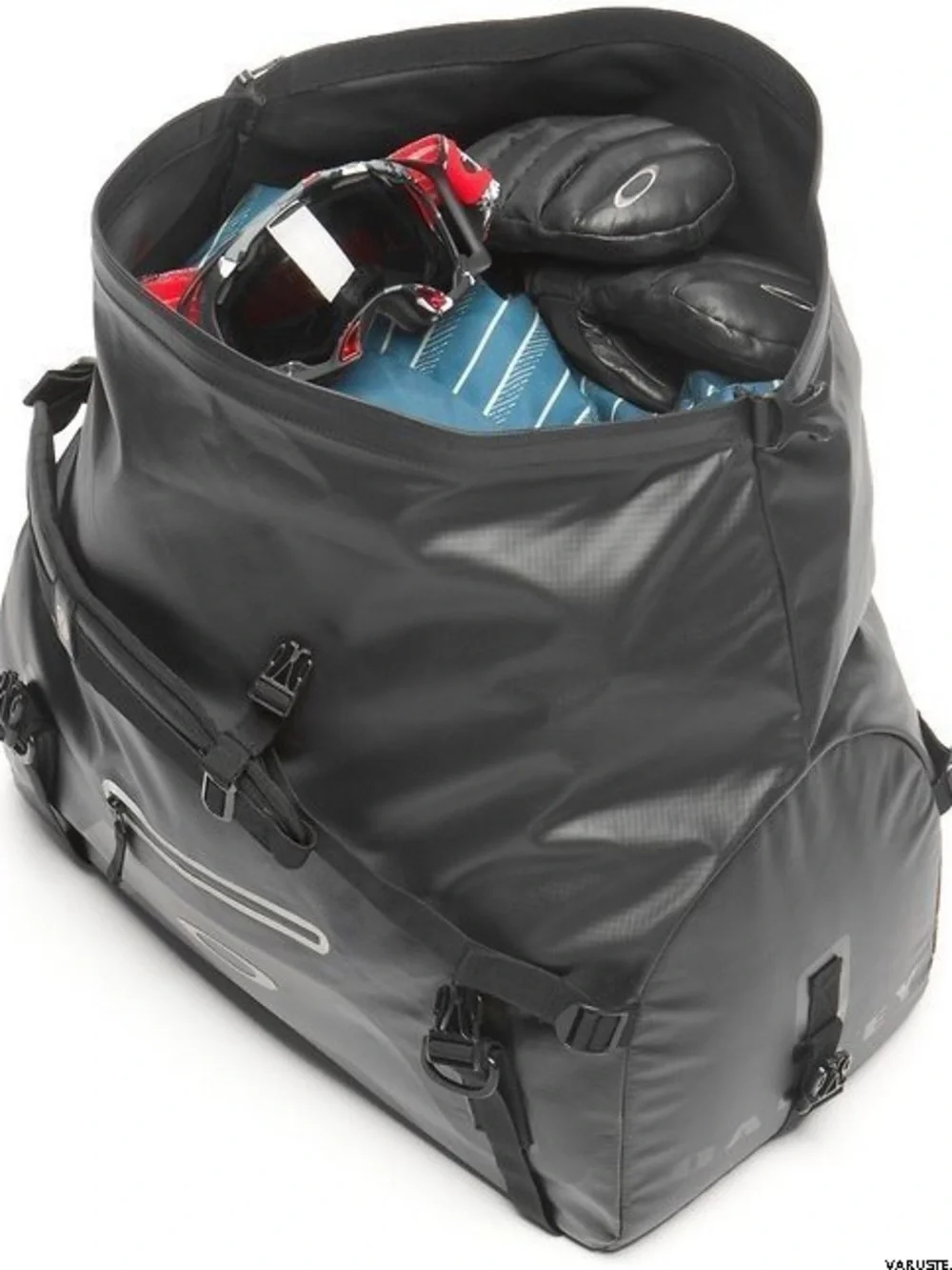 Oakley Motion 42 canvas bag in black features a waterproof roll-top design.